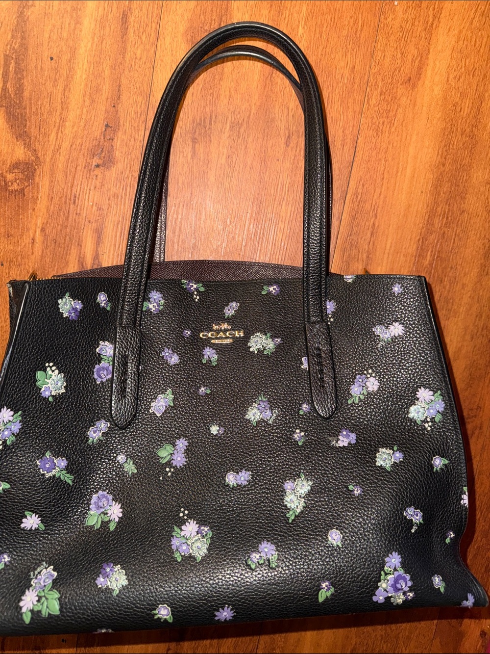 Coach Black Tote with Purple and Green Floral with sparkles - see description !!